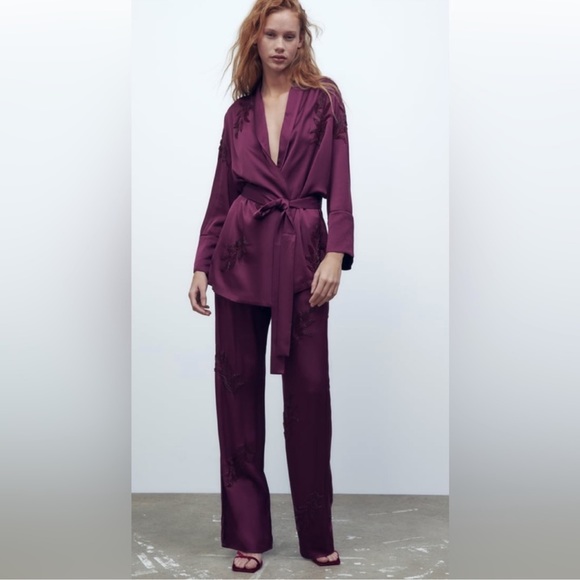 Zara 2 Piece Embroidered Beaded Kimono and Pants Co Ord Set - Picture 5 of 9